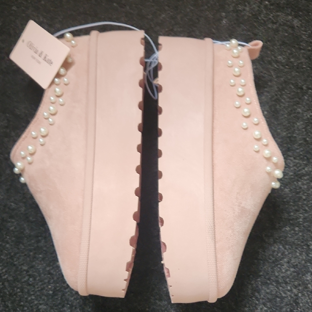 Olivia & Kate Platform Slip-On Shoes in Light Pink with Pearl Trim